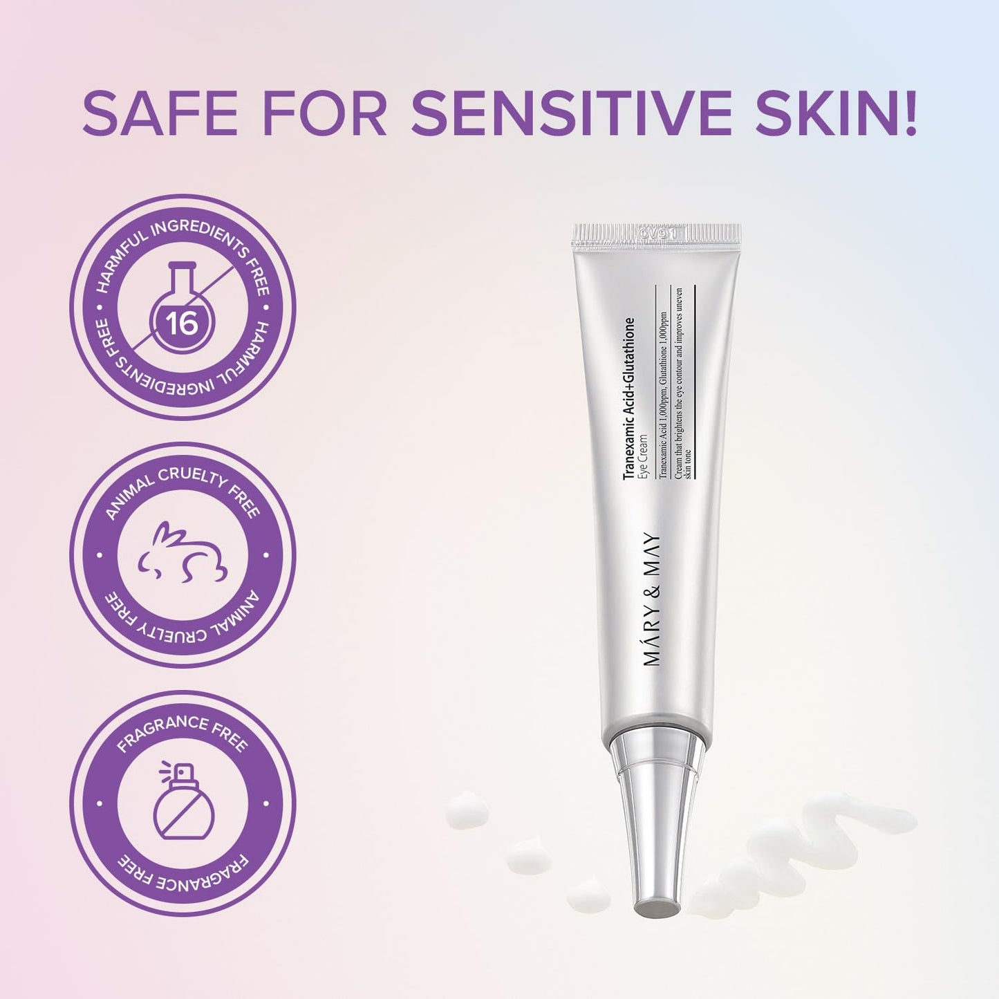 Mary&May Tranexamic Acid + Glutathione Eye Cream (30ml) - Korean Skincare for Dark Circles & Uneven tone - Fragrance-Free Under Eye Cream for Dark Spots & Hyperpigmentation 1.01oz.