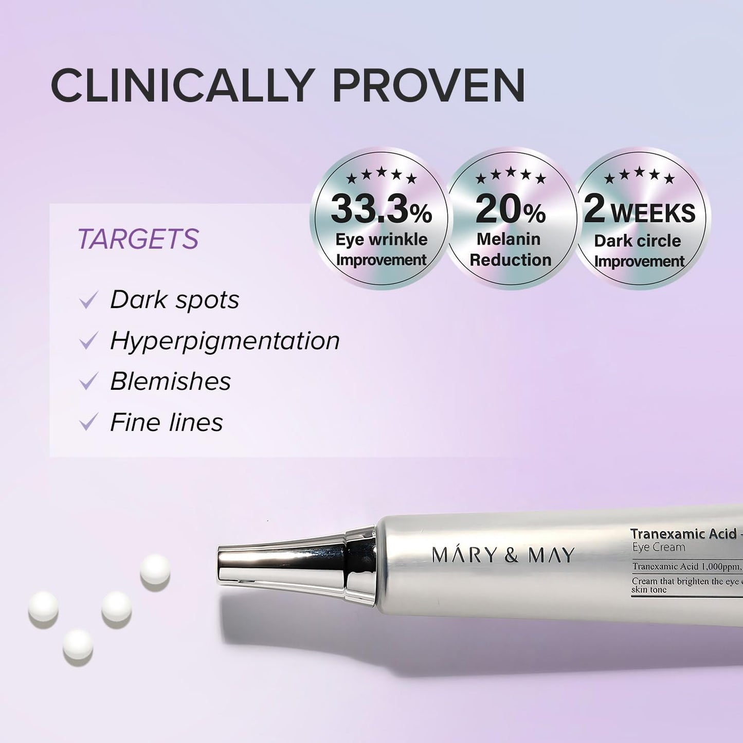 Mary&May Tranexamic Acid + Glutathione Eye Cream (30ml) - Korean Skincare for Dark Circles & Uneven tone - Fragrance-Free Under Eye Cream for Dark Spots & Hyperpigmentation 1.01oz.